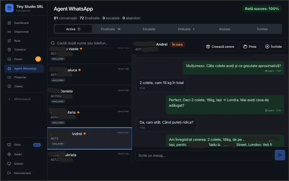 Agent AI WhatsApp pentru firme curierat — comenzi automate din conversatii cu clientii