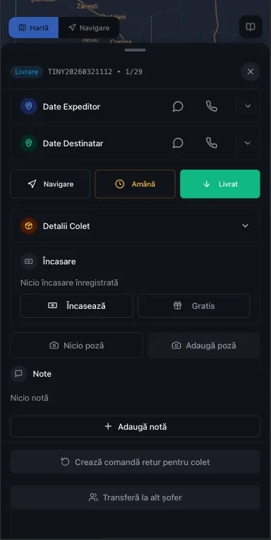 Aplicatie sofer curierat iOS Android — navigare, detalii colet, incasare si confirmare livrare