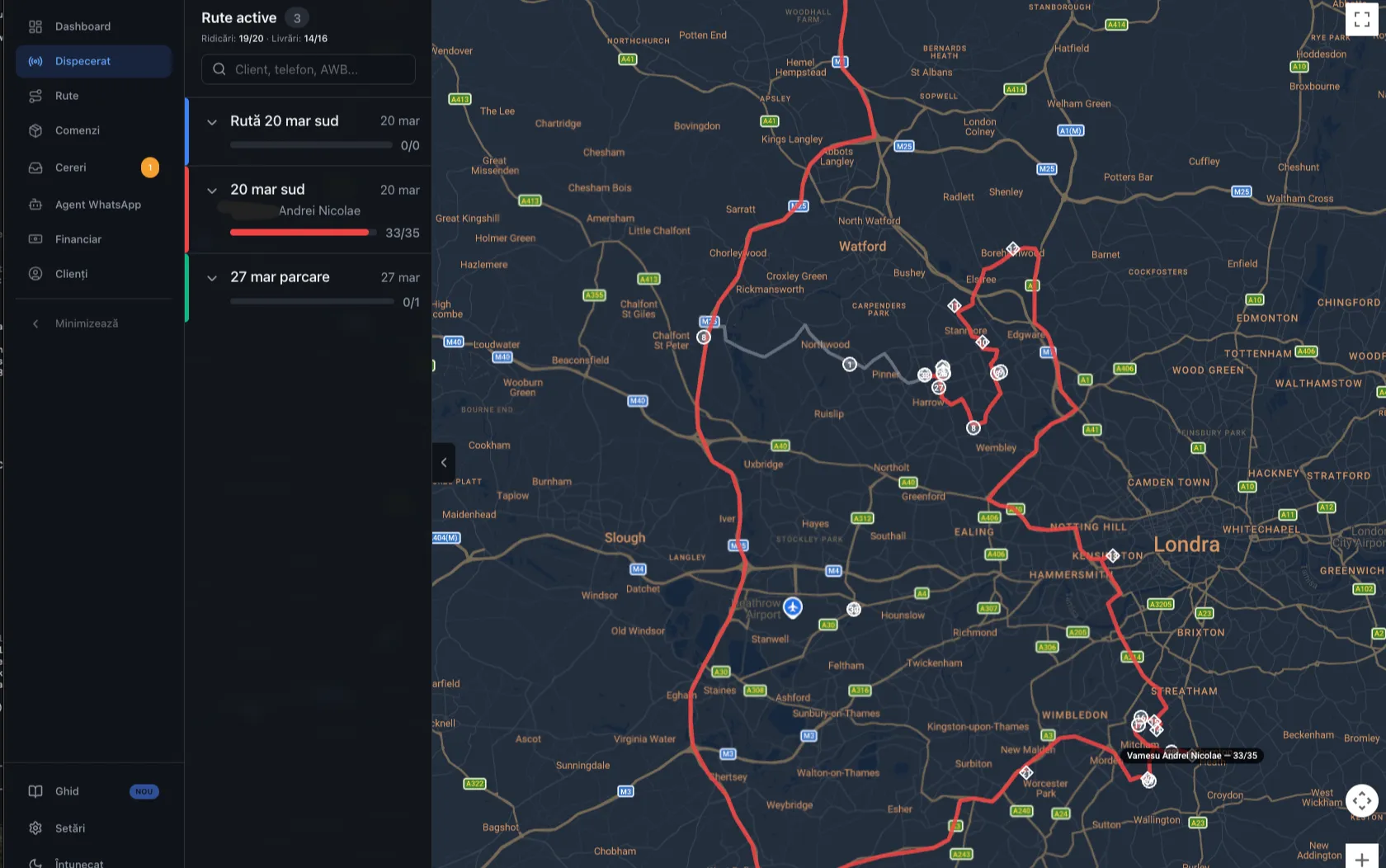 Harta live dispecerat software curierat — rute internationale Romania UK cu opriri si soferi in timp real