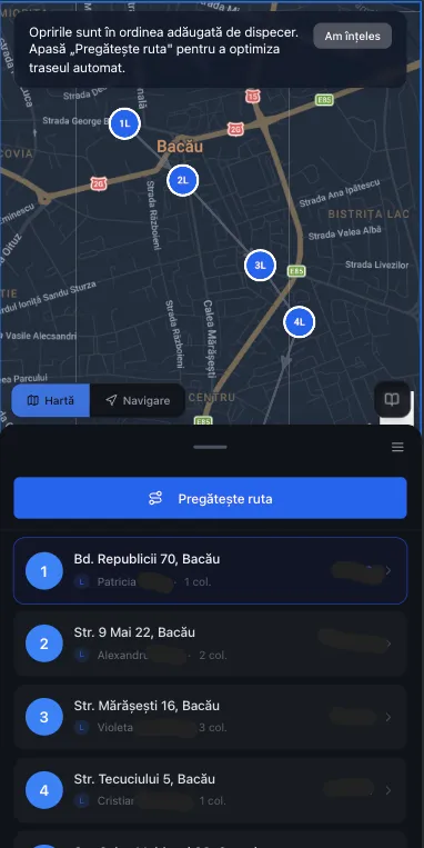 Optimizare rute curierat — pregatire ruta cu opriri optimizate pe harta