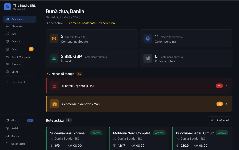 Software curierat Romania — panou principal cu comenzi active, rute si statistici in timp real