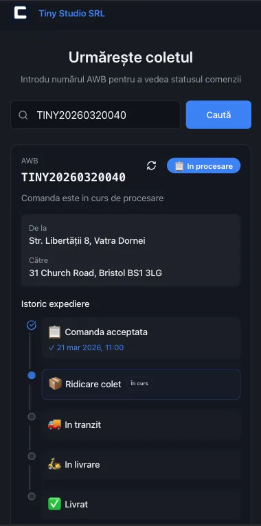 Tracking colet cu brandul firmei tale — pagina urmarire comanda cu status live si AWB