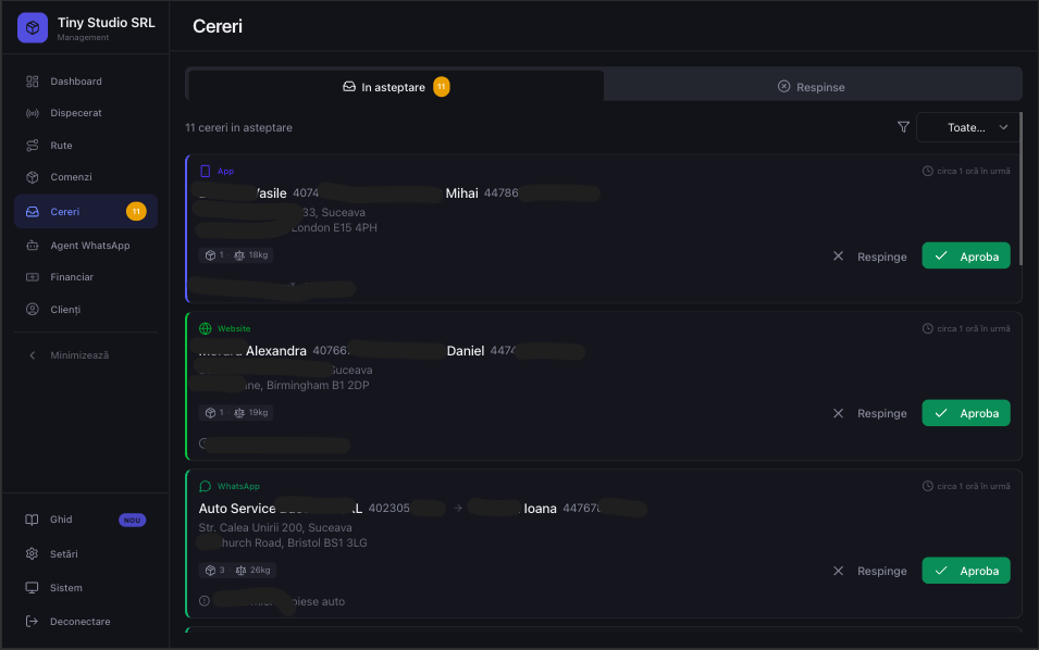 Cereri de aprobat — comenzi din WhatsApp AI, aplicatie clienti si website