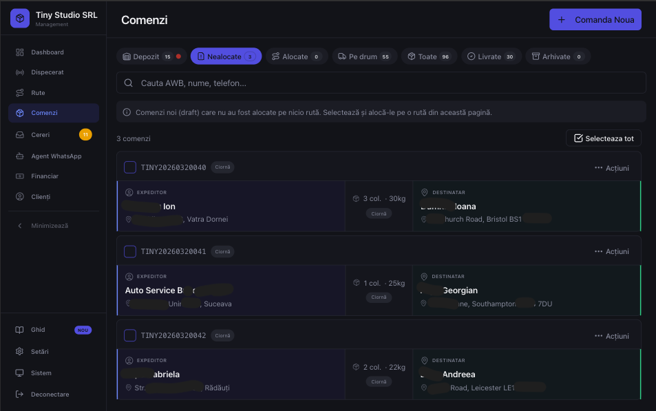 Pagina comenzi software curierat — lista comenzi cu filtre si statusuri