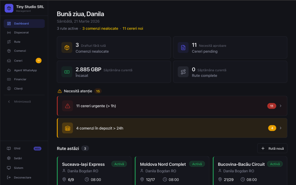 Panou principal software curierat — comenzi active, rute si statistici