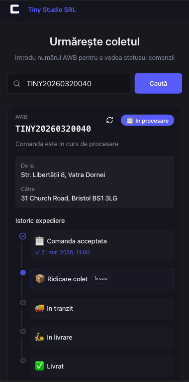 Pagina tracking colet cu brandul firmei